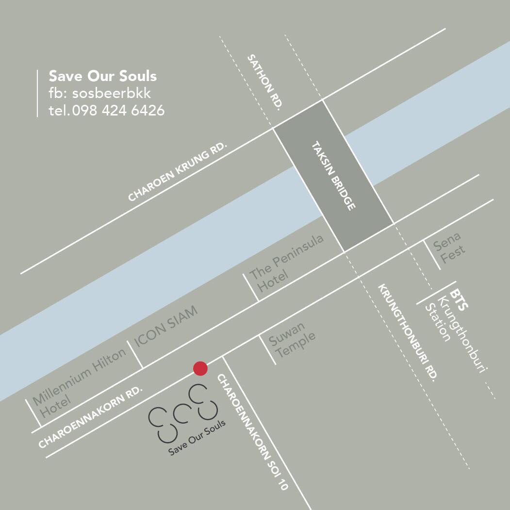 Map for Save Our Souls, a craft beer bar in Bangkok. Near Icon Siam, Peninsula hotel, and Millennium Hilton hotel.