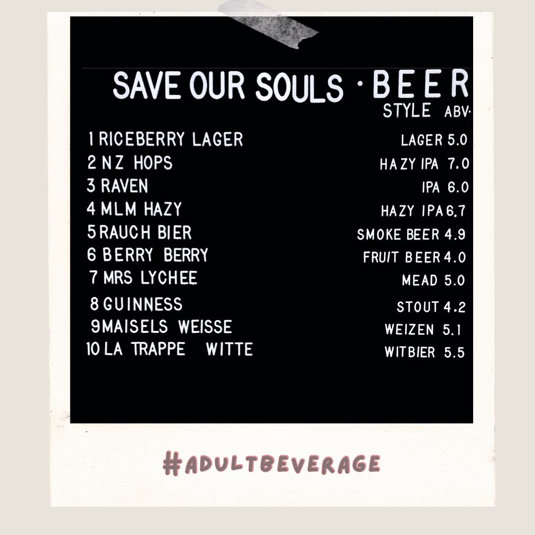 Beers on tap at Save Our Souls, craft beer bar in Bangkok, update 9 Feb 2024: lager, hazy ipa, ipa, smoke bear, fruit beer, mead, stout, weizen, witbier