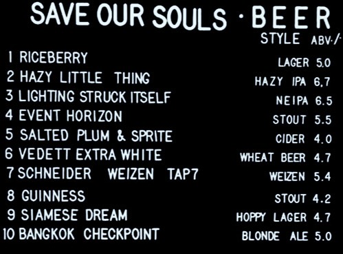 Beers on tap at Save Our Souls, craft beer bar in Bangkok, update 11 Aug 2024: lager, ipa, neipa, stout, cider, wheat beer, weizen, lager, ale